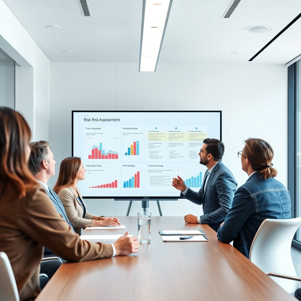 A business consultant presenting a risk assessment to a team in a bright conference room. Charts outlining various risks and mitigation strategies are displayed on a screen. The professionals appear engaged and thoughtful, symbolizing a proactive approach to risk management.