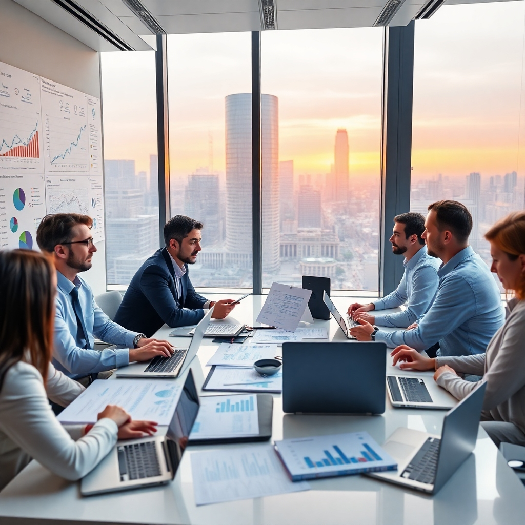 A busy business consultant's office with charts and graphs on the walls, a diverse team of professionals discussing market trends over a table filled with data reports and laptops, large windows revealing a city skyline showing bustling commercial activity, bright and modern design.