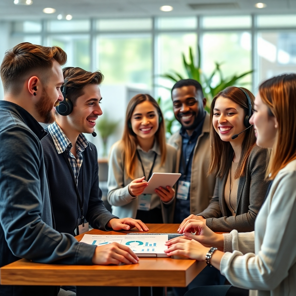 A customer support team interacting with satisfied clients in a bright, welcoming environment. Scenes include friendly communication, feedback collection, and visual aids like charts illustrating customer satisfaction metrics, showcasing a commitment to service excellence.
