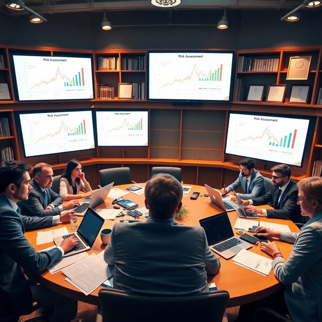 A dynamic image showing a risk assessment meeting in progress. A round table is filled with professionals exhibiting a range of expressions from contemplation to determination. The environment is lit with warm, inviting lighting, creating a balanced mood. Large screens display intricate graphs illustrating risk factors. Analysts have laptops and documents cluttered on the table, showcasing an active discussion. The backdrop includes large bookshelves with business literature and certificates, reinforcing a sense of expertise. Captured from an eye-level perspective to highlight facial expressions and body language, providing a personal connection to the scene. Influenced by the style of atmospheric corporate photography, ultra-high quality, 8K resolution, hyperrealistic.