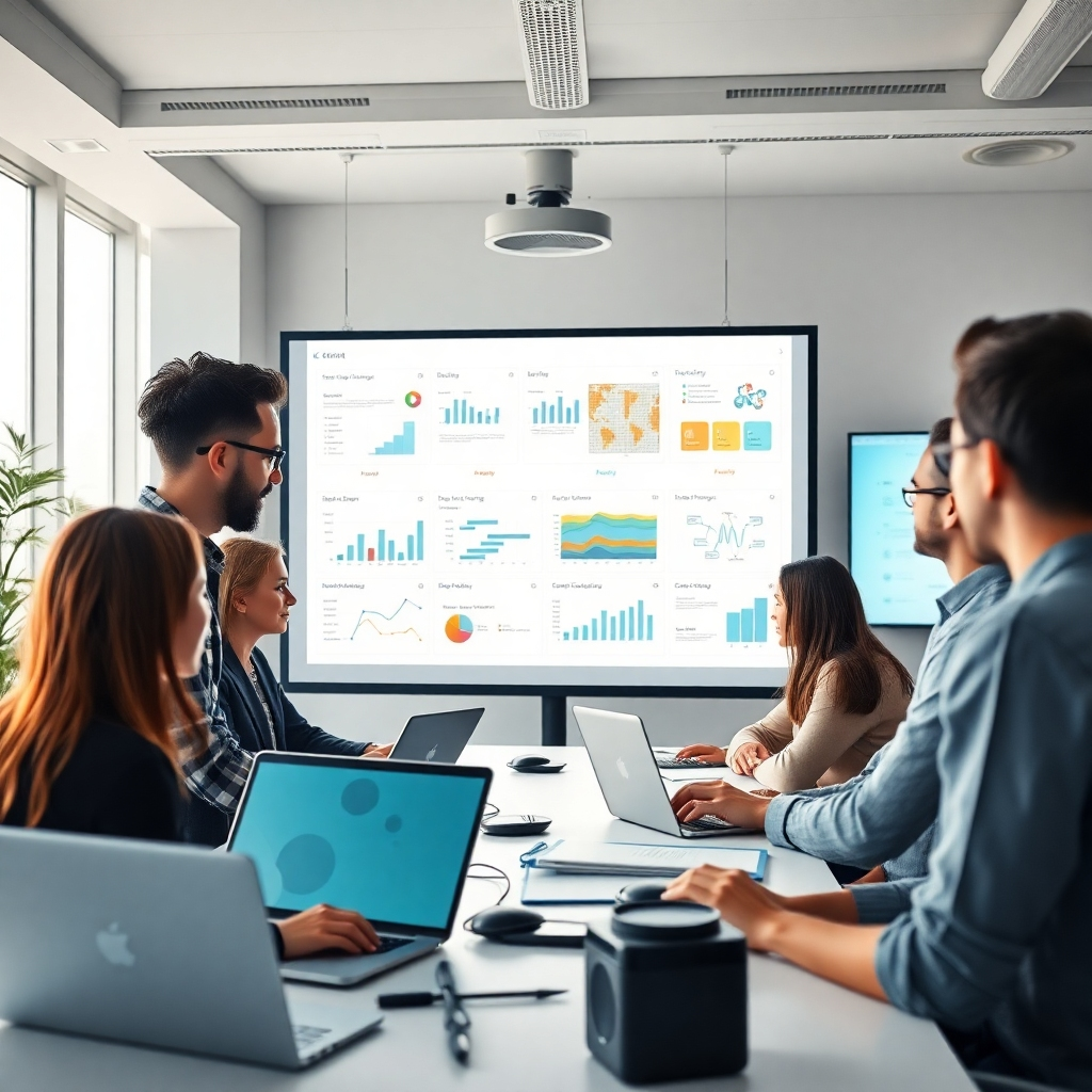 A modern office environment showcasing team members analyzing workflow diagrams and data charts on large screens. The room is bright, filled with natural light, and features sophisticated tools like laptops and projectors. Focus on teamwork and collaboration.