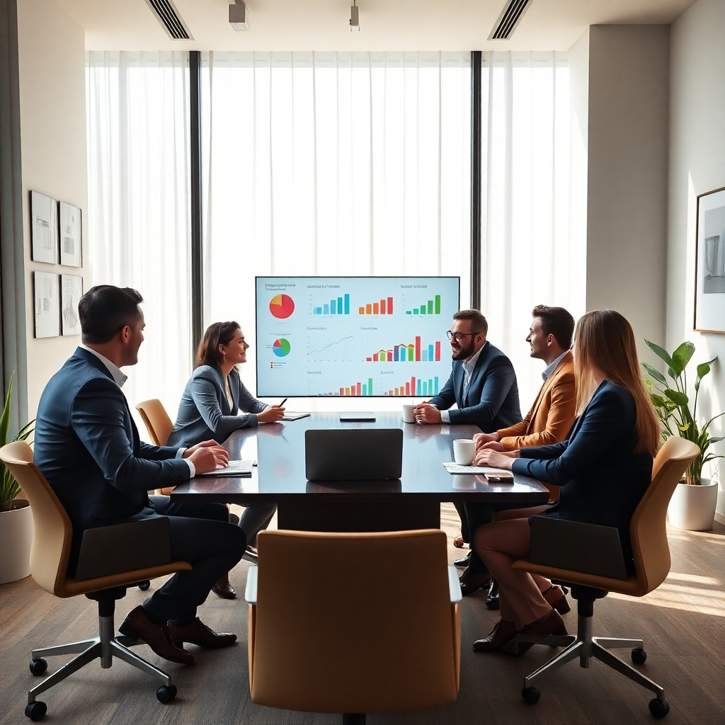 A professional setting with a group of diverse business analysts collaborating around a sleek conference table. Natural light filters through large windows, casting soft diffused lighting across the room. The walls are adorned with colorful graphs and strategic plans. The analysts, dressed in smart business attire, are engaged in lively discussion, analyzing data displayed on a large digital screen. A notepad, laptop, and coffee cups are scattered on the table, adding realism. The cozy, modern office decor includes plants and minimalistic artwork. Captured from a slightly elevated angle to showcase the dynamic interaction and the professionalism of the setting. Style of modern corporate photography, 8K resolution, hyperrealistic detail.