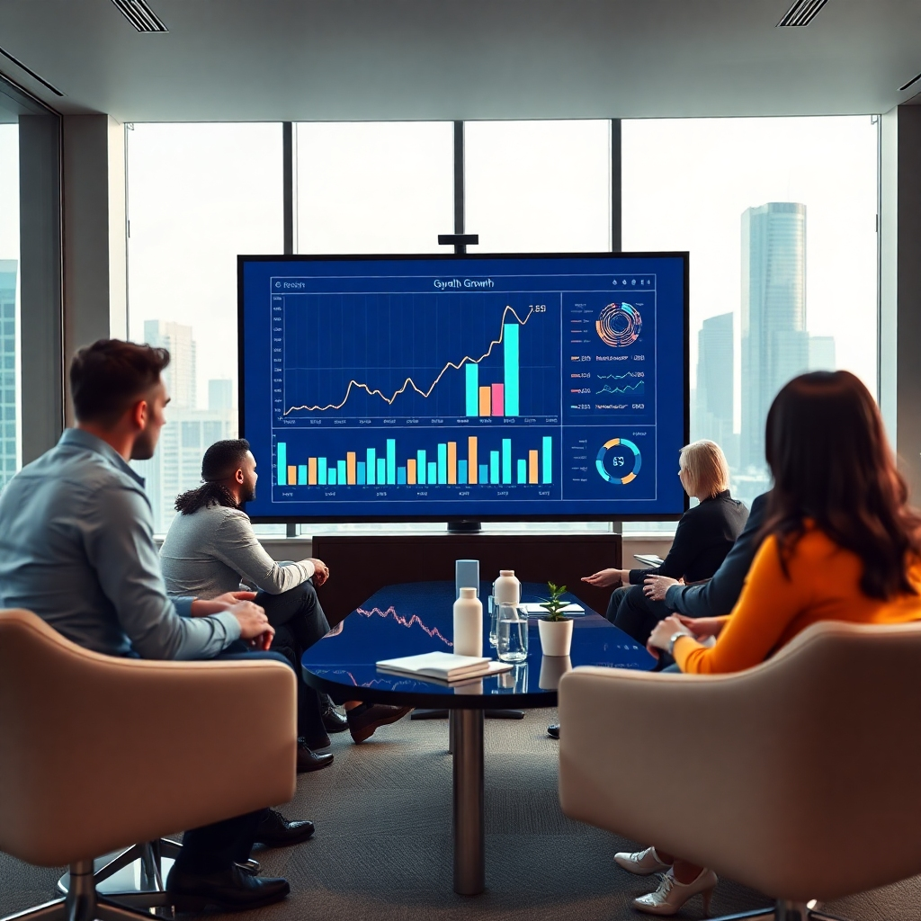 A strategic business meeting room with diverse professionals discussing a large digital screen displaying graphs and growth charts. The atmosphere is collaborative and energetic, with modern furniture and a window view of the city skyline, highlighting a focus on growth.