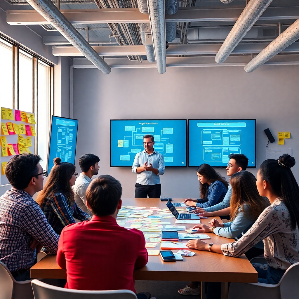 An engaging team workshop in a bright, collaborative space with post-it notes, digital screens showing agile workflows, a facilitator guiding participants, diverse people actively brainstorming around a central table, symbols of agility and collaboration around them.