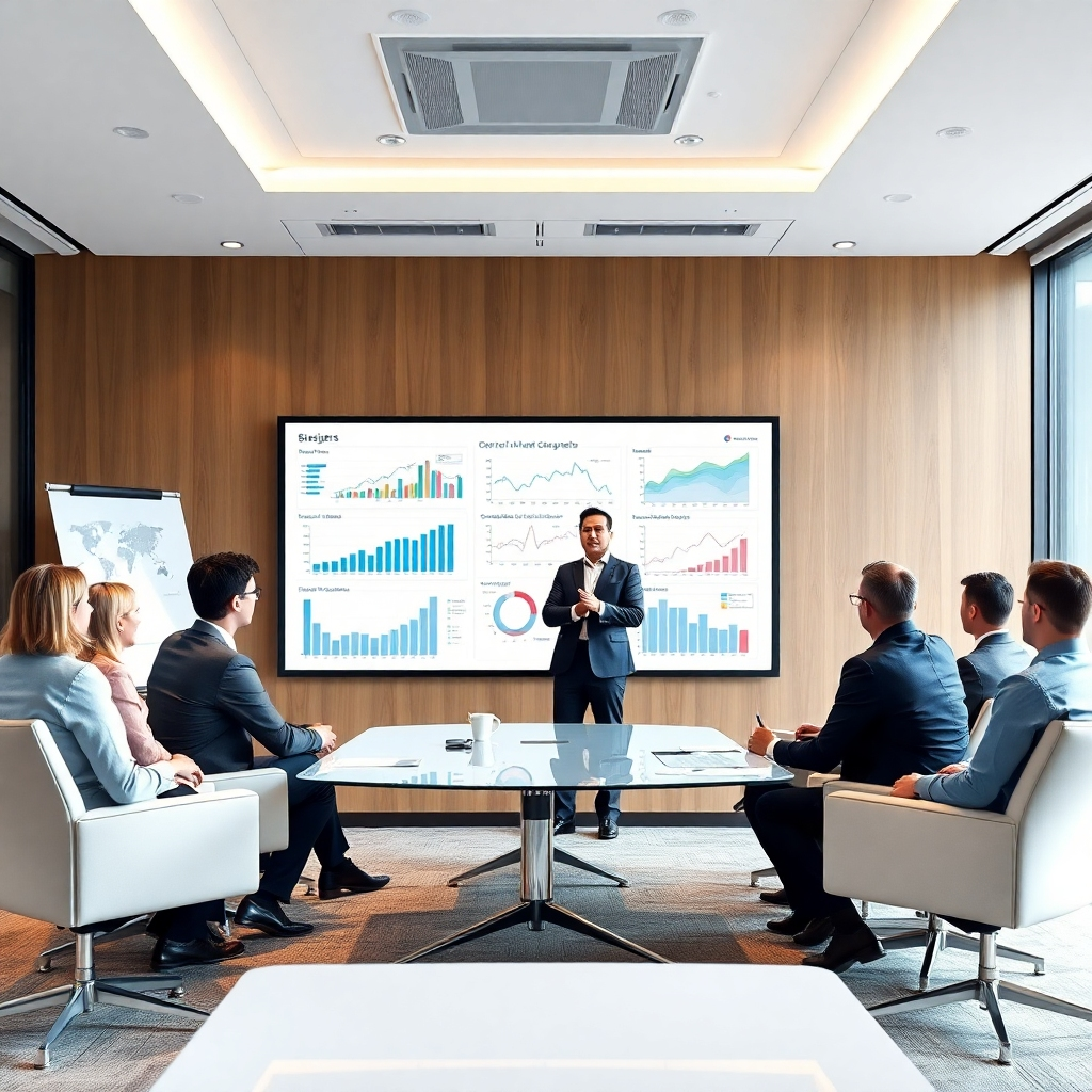 An executive meeting room filled with business leaders engaged in a strategy discussion, a large screen displaying data analytics graphs and KPIs, a whiteboard filled with strategic plans, modern furnishings, a confident consultant presenting insights, focused atmosphere.