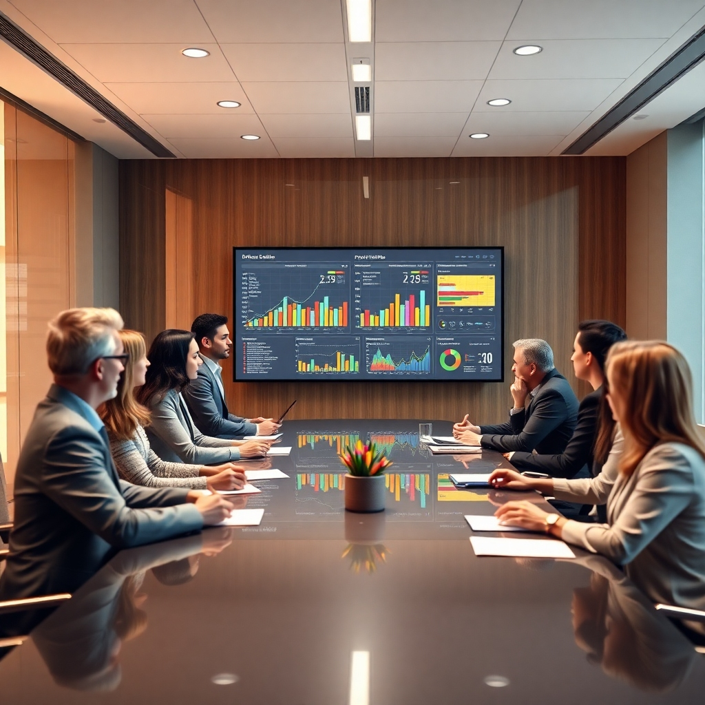 An executive office setting with a diverse group of professionals gathered around a conference table, discussing insights from a large digital dashboard displaying colorful graphs and analytics. The atmosphere is professional, focused, and collaborative.