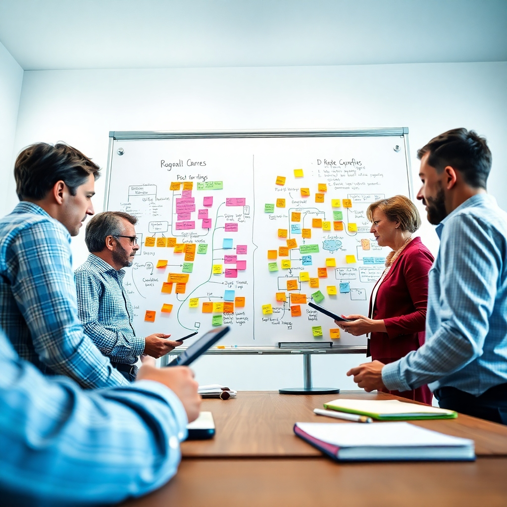 An intricate visual of a flowchart on a large whiteboard, surrounded by business analysts actively discussing ways to enhance processes. The room is brightly lit with crisp white lighting, creating a clean, focused atmosphere. The analysts are focused on the flowchart that features various colorful annotations and post-it notes that reflect brainstorming sessions. Textured elements like wooden desks and notebooks are visible, enhancing the tactile feel. The camera angle is low and close to the flowchart, emphasizing detail while also capturing the analysts’ engaged expressions. There are digital devices within reach to signify data analysis. Stylized in the manner of contemporary business photography, ultra-detailed, 8K resolution.
