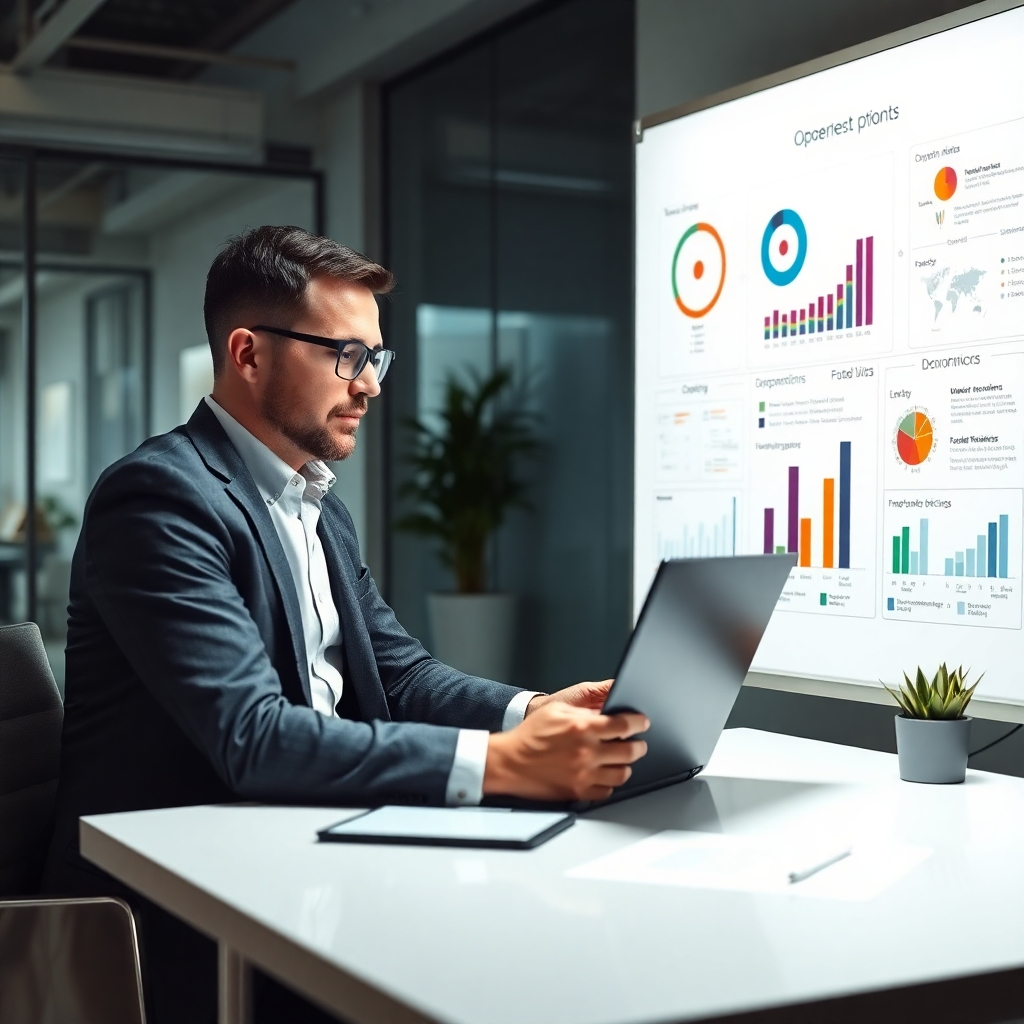 An office setting showing a consultant analyzing operational data on a laptop. Surrounding him are charts and infographics on a whiteboard illustrating improved efficiencies. The environment is contemporary, conveying a sense of productivity and optimization.